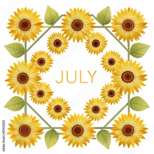 summer july text on the center of the frame of sunflowers isolated on white background