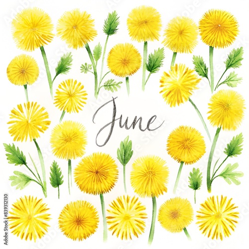 summer june text on the center of the frame of taraxacum or daisy