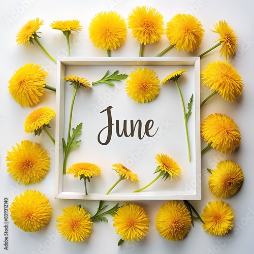 summer june text on the center of the frame of taraxacum or daisy