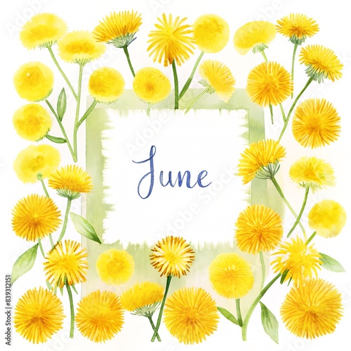 summer june text on the center of the frame of taraxacum or daisy