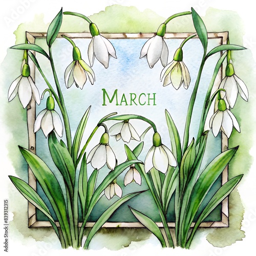march text on the frame with snowdrops on white background
