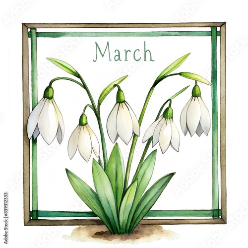 march text on the frame with snowdrops on white background
