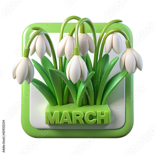 march text on the frame with snowdrops on white background
