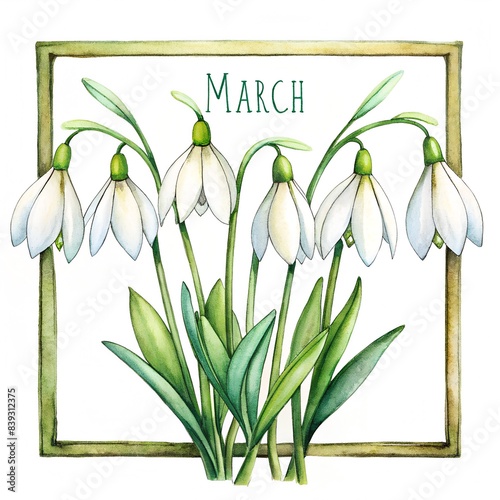 march text on the frame with snowdrops on white background
