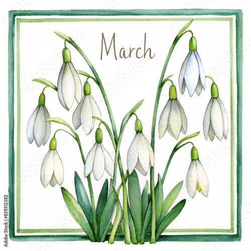 march text on the frame with snowdrops on white background