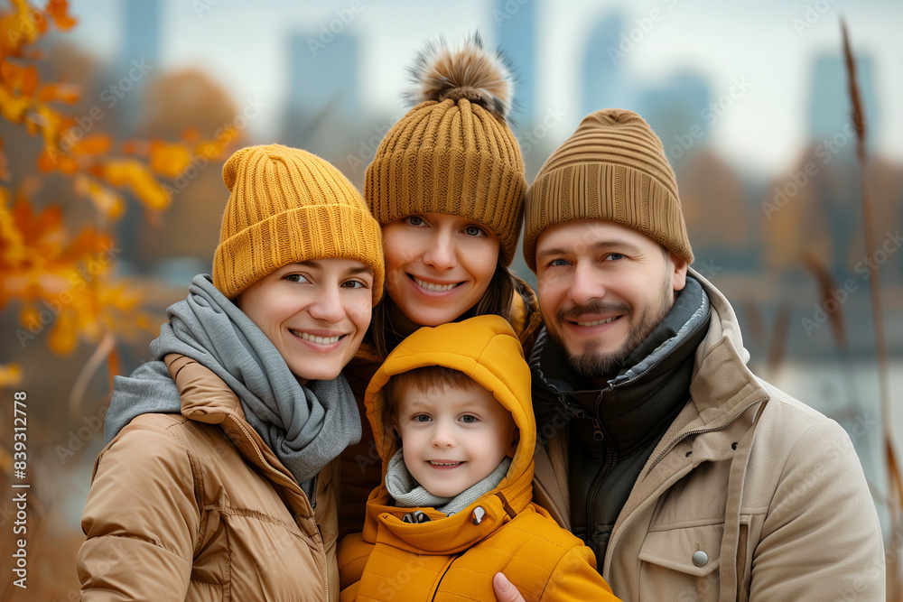 portrait of happy family in autumn attire smiling at camera, the city in the background portrait of happy family in autumn attire smiling at camera, the city in the background