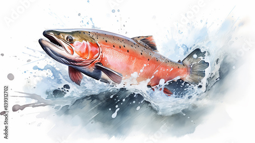 salmon trout orange speckled fish swims in the sea current in colored splashes of watercolor paints photo