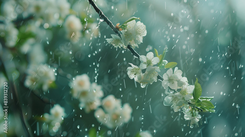 Spring rain in the garden. White flowers of cherry plum in the rain on a spring day