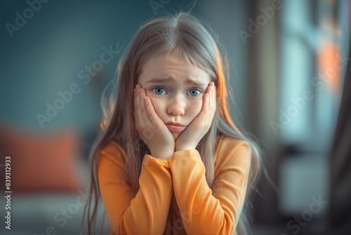 A young girl with long hair and a sad expression rests her face in her hands at home. Bored not knowing what to do, grounded without a smartphone. Addiction to mobile phones.
