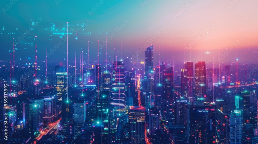 Vibrant Urban Twilight Illuminated 5G Cityscape with Futuristic Technology