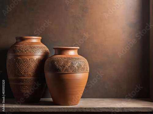 Clay jar or vase, showcasing vintage craftsmanship. Emphasize a classic design with intricate details and an aged patina, highlighting its antique appeal.