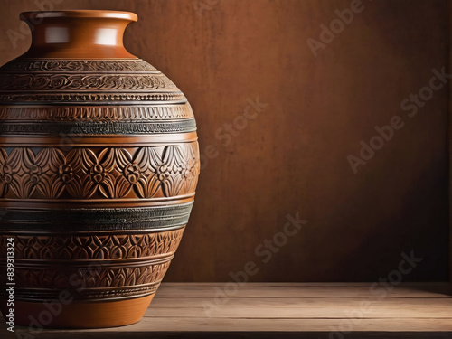 Clay jar or vase, showcasing vintage craftsmanship. Emphasize a classic design with intricate details and an aged patina, highlighting its antique appeal.