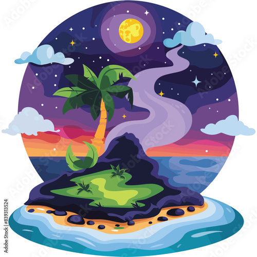 Tropical island night seascape vector illustration, palm trees starry sky full moon, serene ocean island graphic art. Peaceful nighttime beach landscape, vibrant colors, naturethemed design