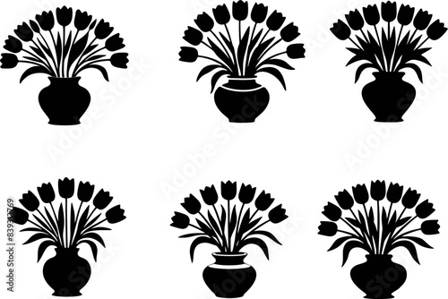 vector set of black silhouette Tulips In Vase Isolated On White Background Vector.eps