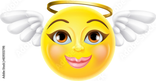 An angel with a halo and wings emoji emoticon woman face cartoon icon mascot