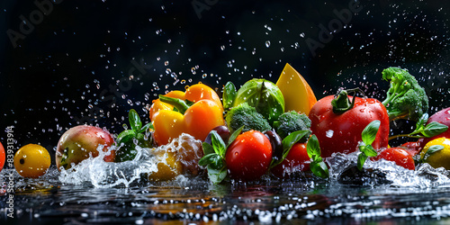 Fresh Harvest Delight Vibrant Produce Drenched in Water and Bubbles