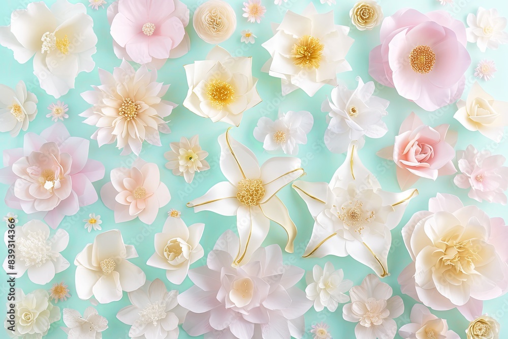 Flowers paper cut design. Beautiful spring paper cut flowers on soft color background. Valentine's Day, Birthday, Happy Woman Day, Mother's Day. Holiday poster and banner with flower papercut Flowers paper cut design. Beautiful spring paper cut flowers on soft color background. Valentine's Day, Birthday, Happy Woman Day, Mother's Day. Holiday poster and banner with flower papercut