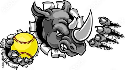 A rhino animal softball sports team cartoon mascot