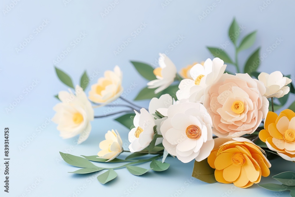 Obraz premium Flowers paper cut design. Beautiful spring paper cut flowers on soft color background. Valentine's Day, Birthday, Happy Woman Day, Mother's Day. Holiday poster and banner with flower papercut