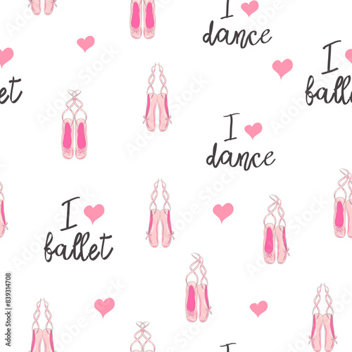 Seamless pattern with ballet pointe shoes and additional elements, imitation of a sketch, watercolors. Ballet school promo background