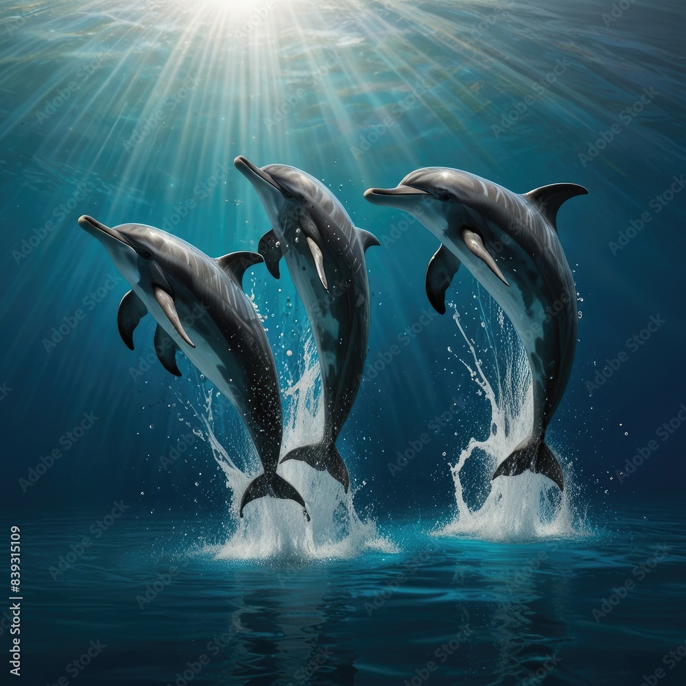 Naklejka premium dolphins in the water with sun shining on them