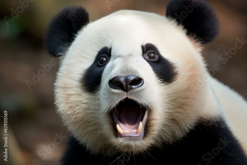 Detailed close-up of a giant panda s face  showcasing its distinctive black and white fur pattern