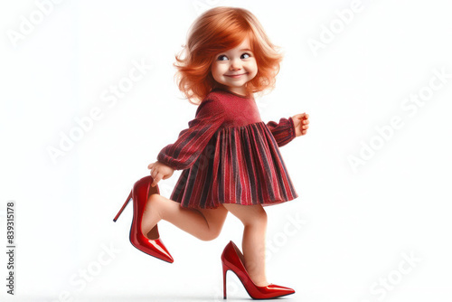 funny Little girl walks in women red high heeled shoes Isolated on white background