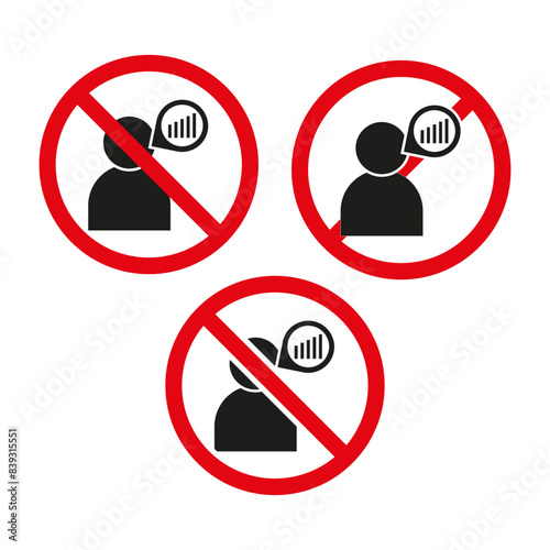 No talking icons. Speech with chart symbols. Red prohibition signs. Communication banned.