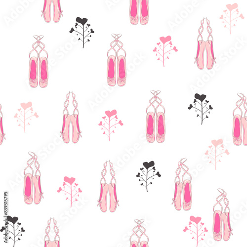 Seamless pattern with ballet pointe shoes and additional elements, imitation of a sketch, watercolors. Ballet school promo background