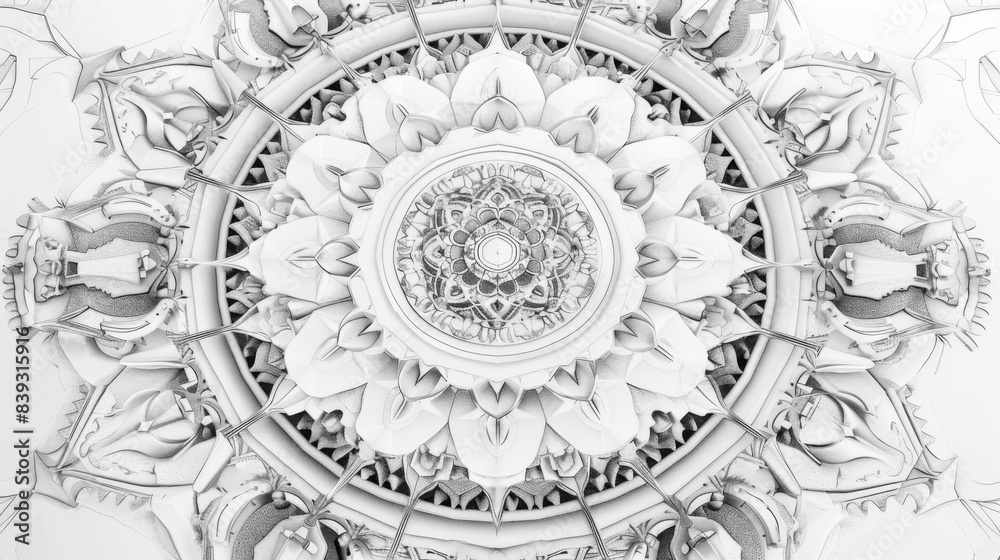 A detailed line drawing of an intricate mandala with symmetrical patterns and geometric shapes, radiating from the center A detailed line drawing of an intricate mandala with symmetrical patterns and geometric shapes, radiating from the center