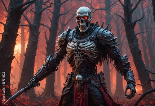 A skeletal warrior stands in a forest  his armor made of dark obsidian  with glowing red eyes. The mist-filled forest is shrouded in a blood-red hue  creating an eerie atmosphere.