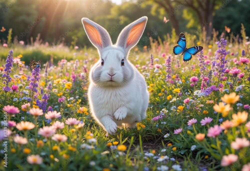 A bunny with a white coat and large ears is hopping through a field of flowers, with a blue butterfly flying around. A bunny with a white coat and large ears is hopping through a field of flowers, with a blue butterfly flying around.