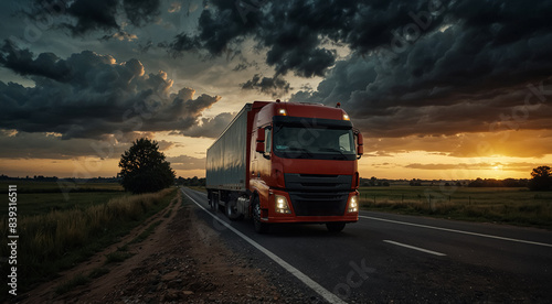 Transport truck driving on asphalt road in a rural landscape.