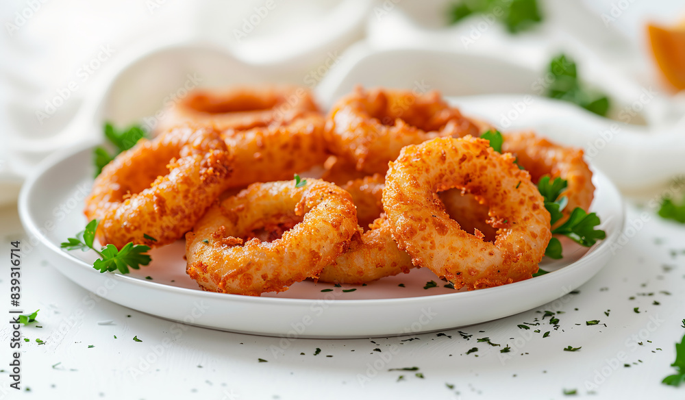 A plate of fried onion rings on a white plate. Generative AI A plate of fried onion rings on a white plate. Generative AI