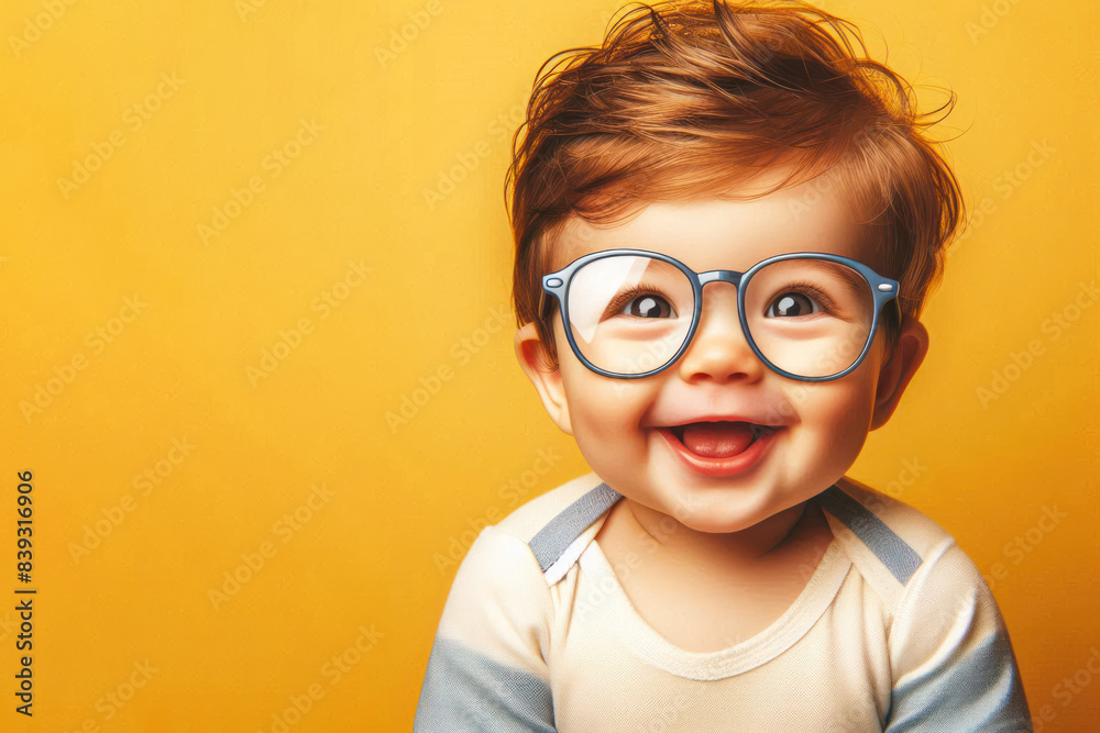 cute happy baby with glasses Isolated color background cute happy baby with glasses Isolated color background