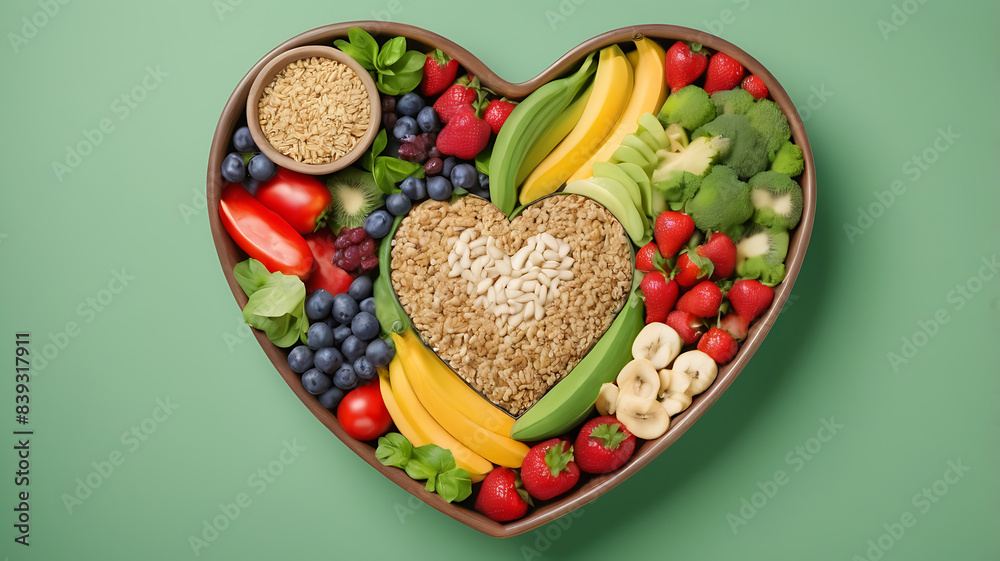 A heart-shaped bowl filled with nutritious diet foods, including fresh fruits, vegetables, and whole grains, promoting heart health and cardiovascular wellness, healthy diet food concept, green backgr