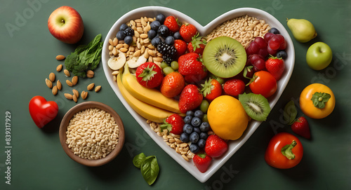 A heart-shaped bowl filled with nutritious diet foods  including fresh fruits  vegetables  and whole grains  promoting heart health and cardiovascular wellness  healthy diet food concept  green backgr