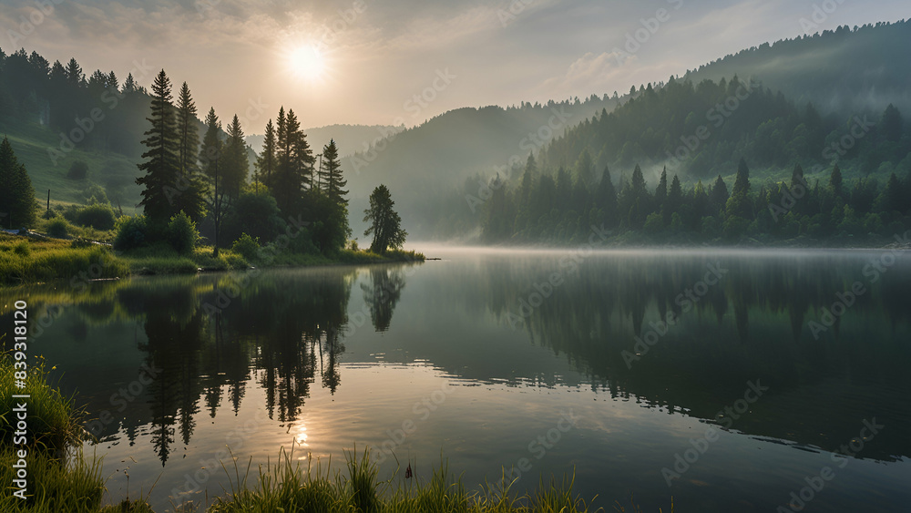A serene misty morning at Lacu Rosu lake in Harghita County, Romania, Europe. A foggy summer sunrise showcases the beauty of nature. A serene misty morning at Lacu Rosu lake in Harghita County, Romania, Europe. A foggy summer sunrise showcases the beauty of nature.