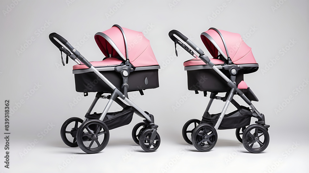 A baby stroller pushchair carriage on wheels for newborn babies or children placed on a plain background with copy space
A baby stroller pushchair carriage on wheels for newborn babies or children placed on a plain background with copy space