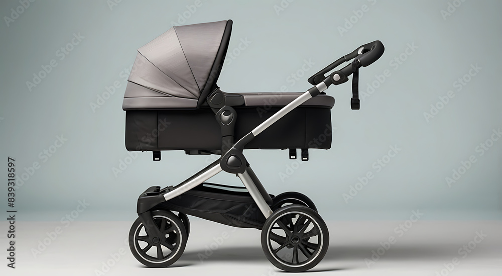 A baby stroller pushchair carriage on wheels for newborn babies or children placed on a plain background with copy space
A baby stroller pushchair carriage on wheels for newborn babies or children placed on a plain background with copy space