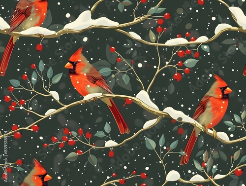 Red Berries on Christmas Branches with Bird Illustration