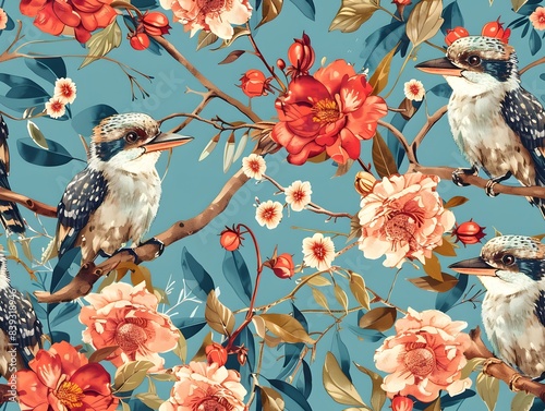 Birds and flowers pattern with birds perched on branches in a nature-inspired illustration