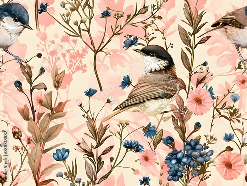 A seamless pattern featuring flowers and birds in a natural, spring setting with branches and songbirds