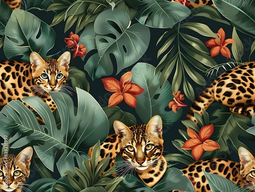 Cat and Flower Pattern Seamless Illustration