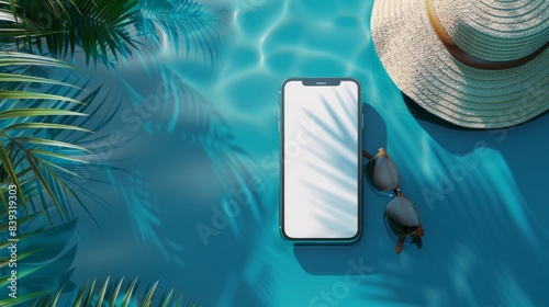 A smartphone, hat, and sunglasses by a pool, surrounded by palm leaves. Enjoy a relaxing tropical day with essentials.