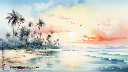 panoramic view tropical climate  simple watercolor illustration of palm trees  landscape morning on the tropical seashore