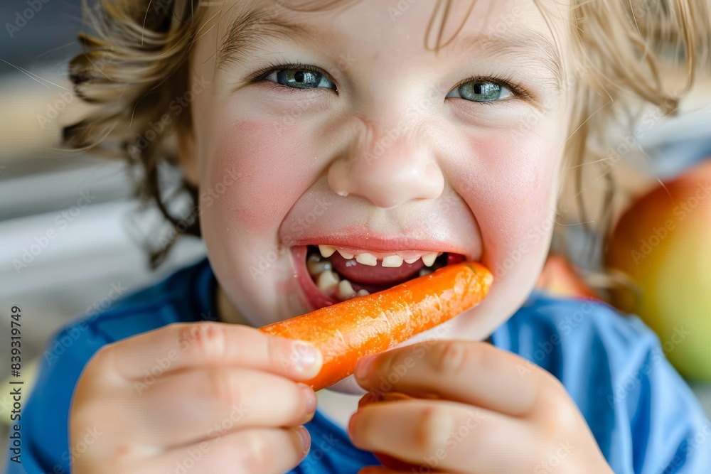 Happy Child Enjoying a Healthy Snack of Carrots and Apples, Demonstrating Clean Teeth Happy Child Enjoying a Healthy Snack of Carrots and Apples, Demonstrating Clean Teeth