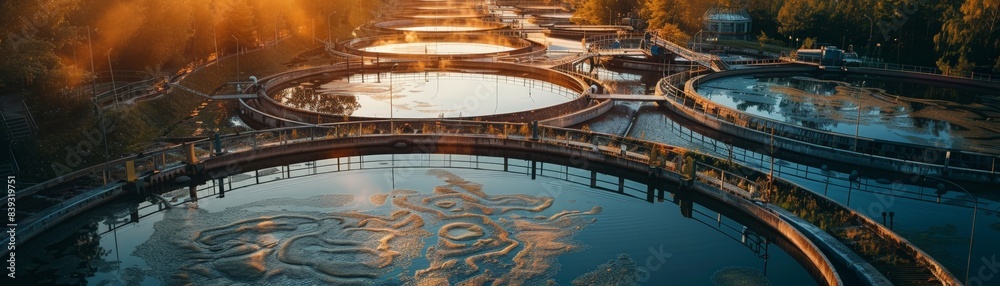 Obraz premium Aerial View of Modern Water Treatment Plant at Sunset with Circular Tanks and Reflective Water Surrounded by Lush Greenery