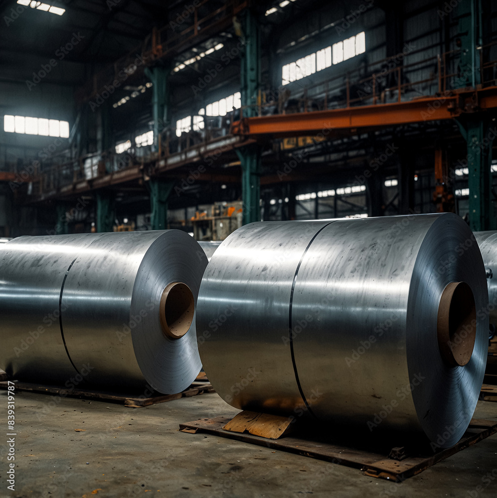 Rolls of metal sheet. Zinc, aluminium or steel sheet rolls on in factory.
Rolls of metal sheet. Zinc, aluminium or steel sheet rolls on in factory.