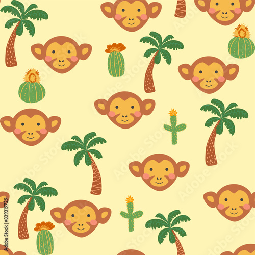 Seamless pattern with cute monkey animal faces. Illustration in boho style, dream catcher, cactus, palm trees, tropics